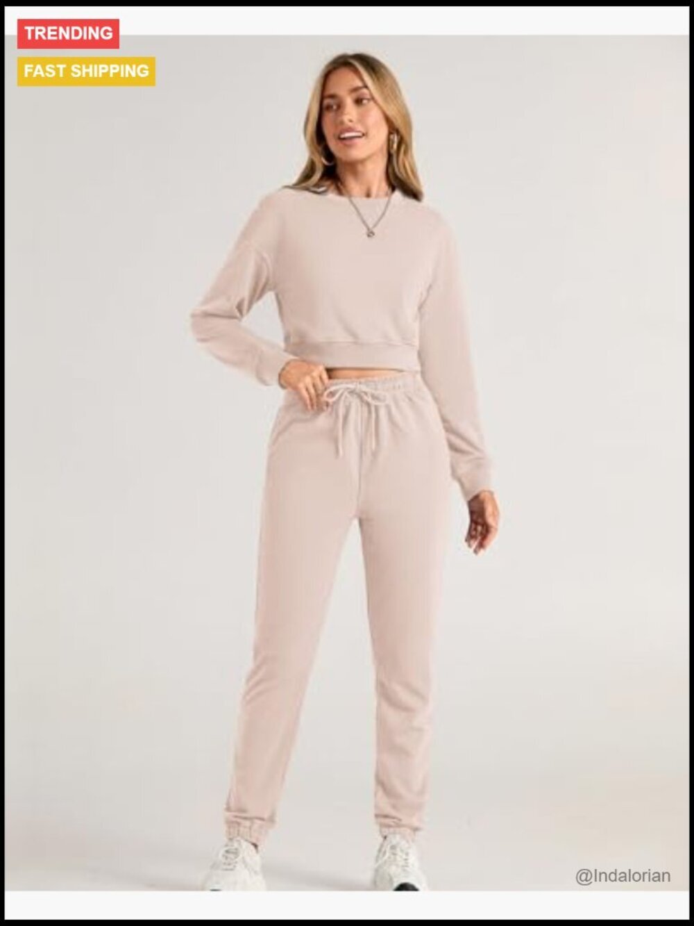 Cotton Polyester Long Sleeve Crop Top Jogger Set with Pockets - Picture 4 of 7